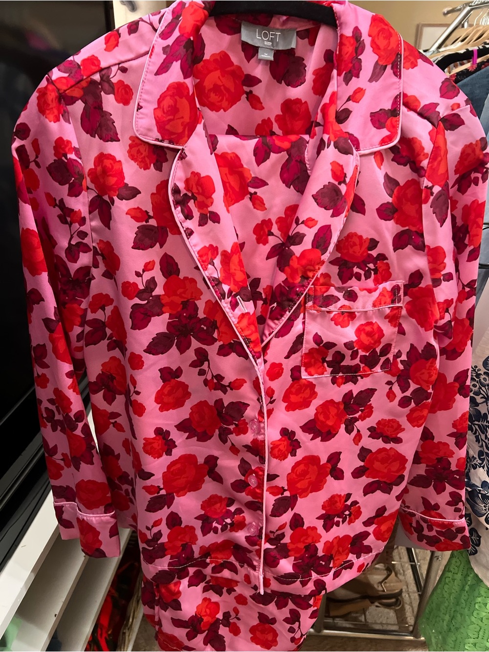 LOFT Sleep Satin Pajama Set Medium Pink Red Rose Floral